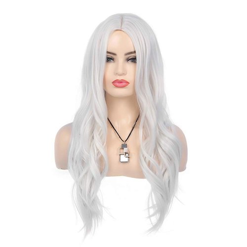 RicHyun White Wig Long Curly Wavy Wig Middle Part Cosplay Wig Synthetic Heat Resistant Costume Halloween Wigs for Women Girls