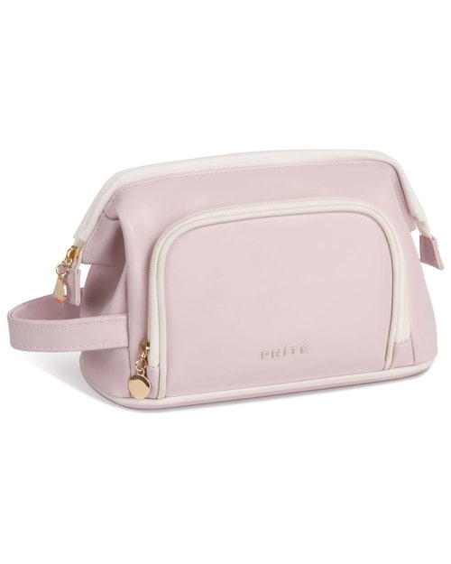 Prite Travel Makeup Bag, PU Leather Waterproof Cosmetic Organizer, Large Wide-open portable Toiletry Bag with Handle(Pink)
