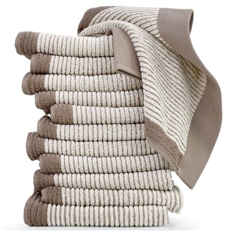 Cleanbear Wash Cloths 12 Pack, Jacquard Weaved Cotton Washcloth for Body and Face, 13.5 by 13 Inches Soft Face Towels for Sensitive Skin (Light-Brown)
