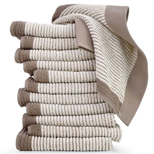 Cleanbear Wash Cloths 12 Pack, Jacquard Weaved Cotton Washcloth for Body and Face, 13.5 by 13 Inches Soft Face Towels for Sensitive Skin (Light-Brown)
