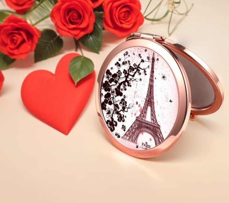 Compact Mirror Rose Gold Makeup Mirror Folding Mini Pocket Mirror Portable Hand Mirror Double-Sided 2 x 1x Magnification for Woman Girls Great Gift (Eiffel Tower)