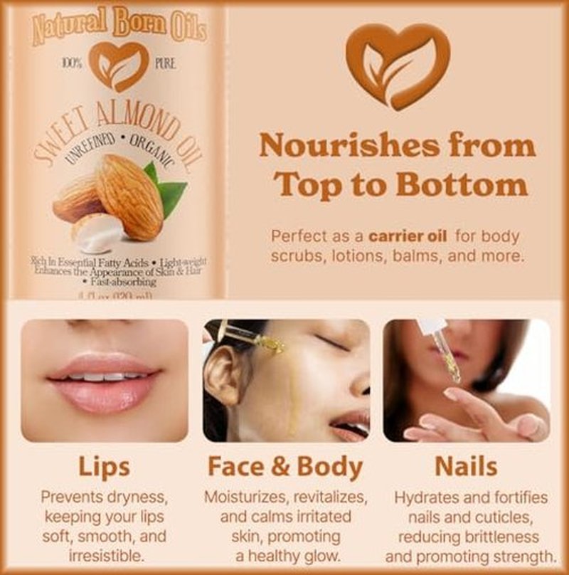Natural Born Oils Sweet Almond Oil, 2oz, Organic, Cold-Pressed, High in Omega-9, Perfect for Skin Hydration, Enhancing Hair Shine