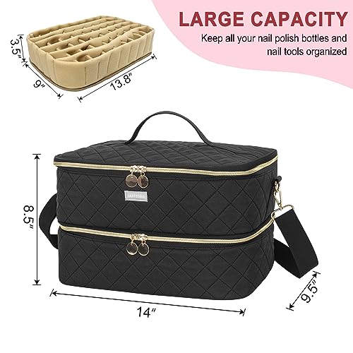 Jaffzora Nail Polish Organizer Case, Double Layers Nail Organizers and Storage, Holds 40 Bottles Gel Nail Polish&Nail Lamp, Travel Nail Supplies Carrying Bag for Nail Art Tech & Manicure Tools,Black