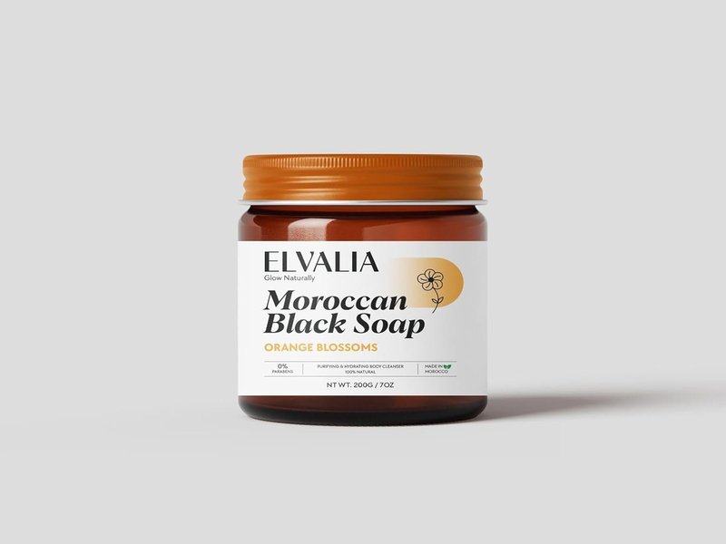 Elvalia Moroccan Black Soap - Natural Hammam Cleanser & Exfoliating Body Treatment | Vegan, 200g (Orange Blossom)