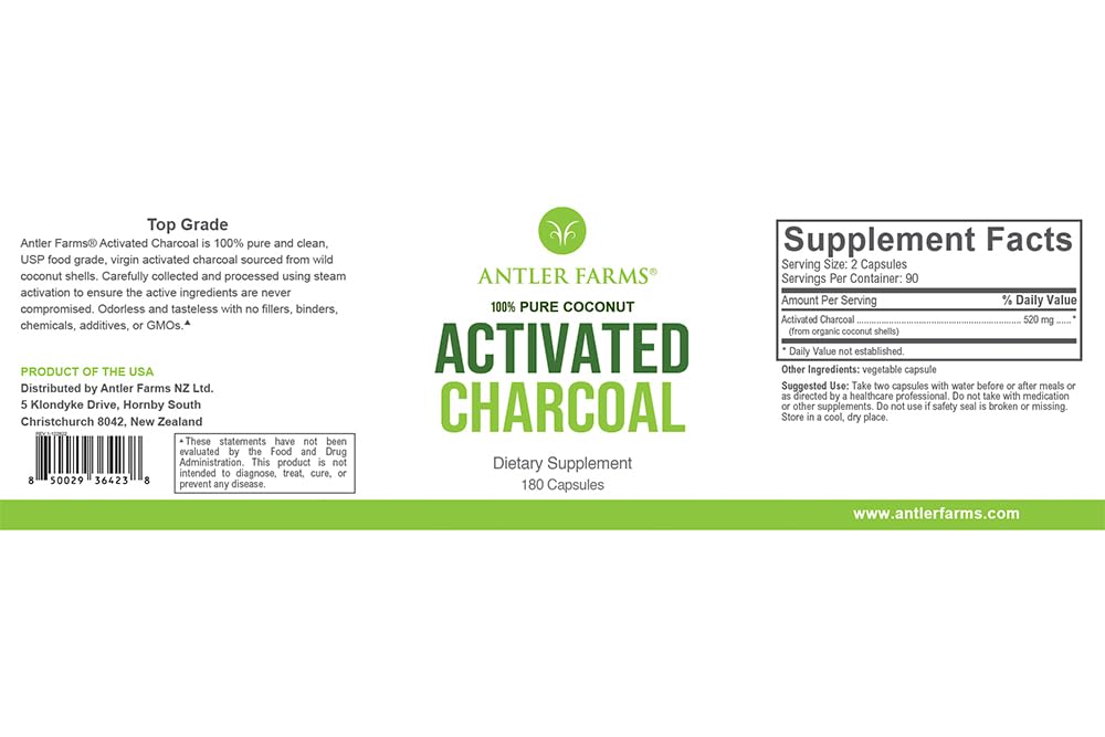 Antler Farms - 100% Pure Coconut Activated Charcoal, 180 Capsules 260mg - Wild Harvested, Virgin Coconut Shell, USP Food Grade, Steam Activated, Ultra Fine