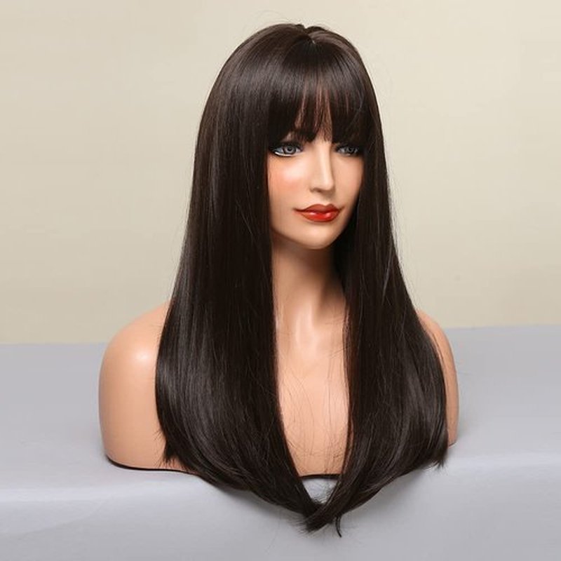 RightOn Dark Brown Wig Long Straight Wigs Deep Brown Wigs for Women Dark Brown Hair with Bangs Wig Cap Include