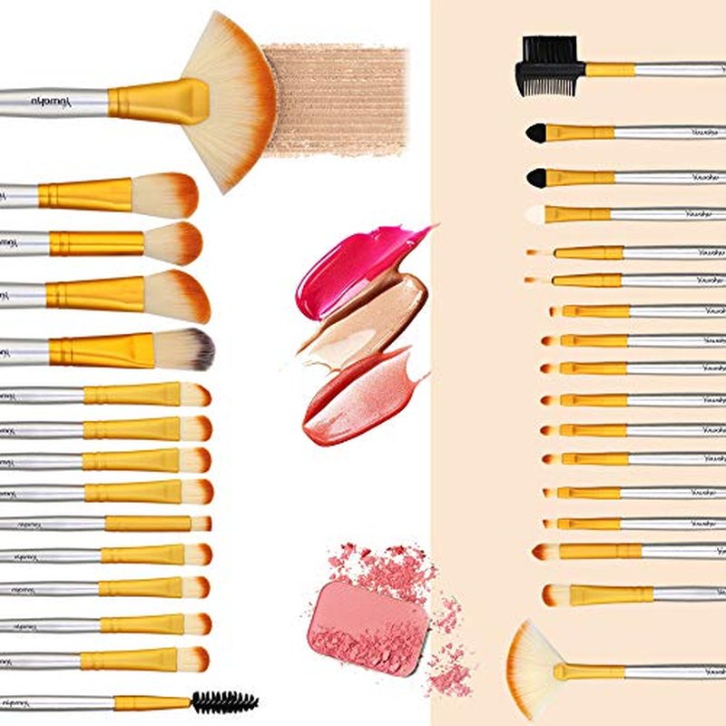 Makeup Brushes Set, 32pcs Blue Premium Cosmetic Make Up Brushes Foundation Blending Blush Concealer Shader Eyeshadow Eyeliner Compatible withTravel Makeup Bag