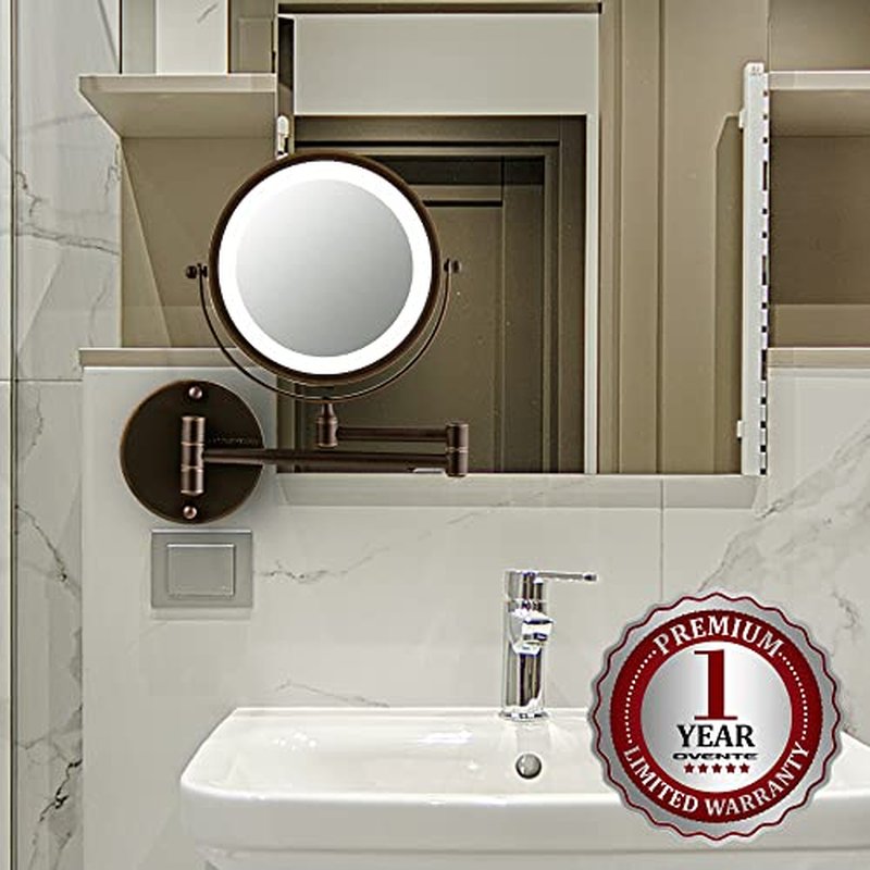 OVENTE 7" Lighted Wall Mount Makeup Mirror with 1X/10X Magnification, Cordless Double Sided Magnifying Round Vanity Mirror, 360° Swivel Design, Extendable and Folding Arm, Nickel Brushed MFW70BR1X10X