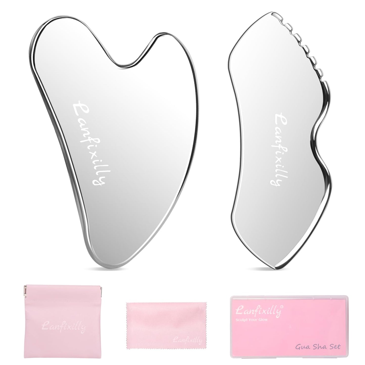 Lanfixilly 2Pcs Stainless Steel Gua Sha, Gua Sha Facial Tools for Face Sculpting, Metal Gua Sha Skin Care, Massage Gift for Women