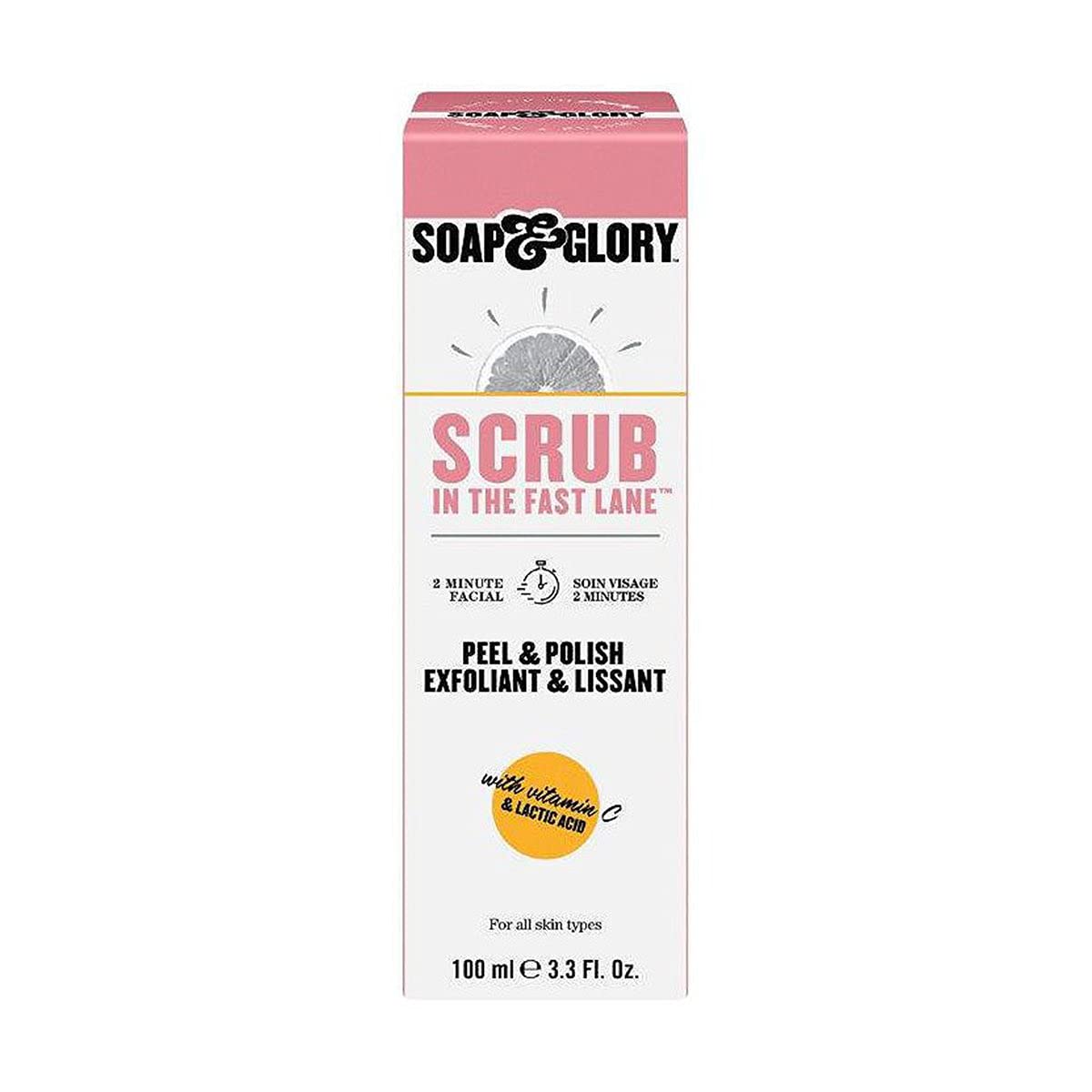 Soap & Glory Peel & Polish Two Minute Facial - Exfoliating Face Scrub with Vitamin C - Citrus Scented Brightening Face Exfoliator with Lactic Acid & Salicylic Acid (100 ml)