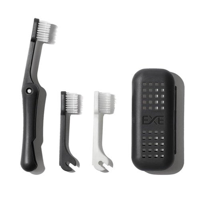 Minibox Folding Travel Toothbrush with Dual-Length Bristles & Case, Compact Mini Design for Business Trips, Camping, and Outdoor Activities, 1 Pack with 2 Extra Replaceable Brush Heads, Black & White