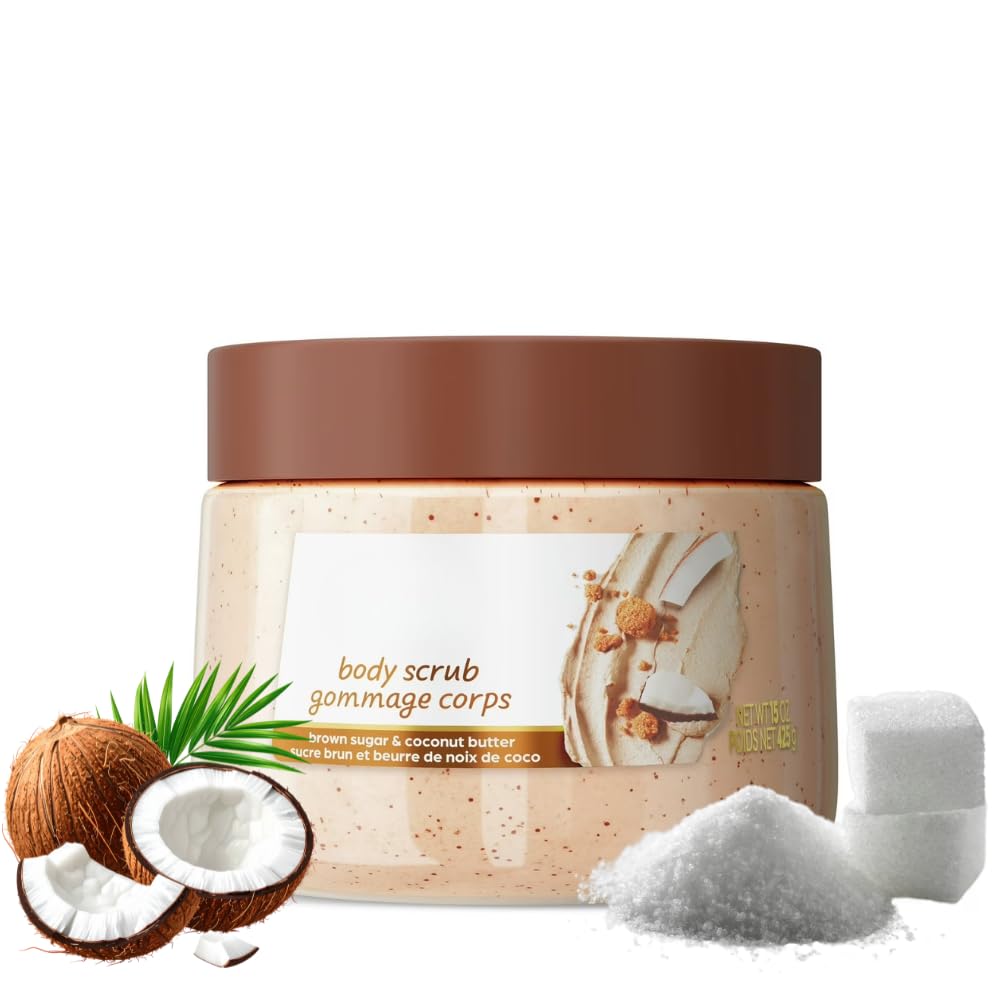 Brown Sugar and Coconut Scented Body Scrub, 15 oz Gentle Cleansing Body Polish with Smooth Texture for Daily Bath and Shower Use, Suitable for All Skin Types