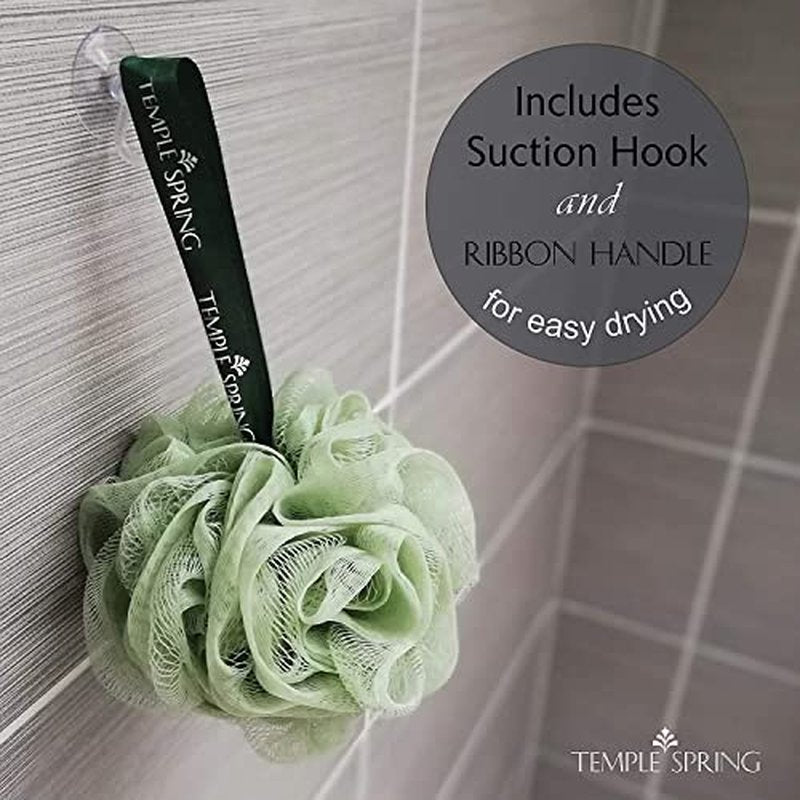 Temple Spring Shower Loofahs 3 Pack - Natural Recycled Shower Puffs for Body Set for Men and Women - Loofah Exfoliating Body Scrubber, Bath Poufs or Shower Scrunchie - Sea Green