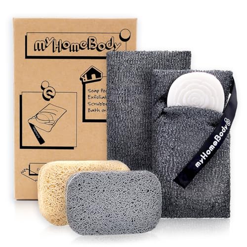myHomeBody Soap Pocket Exfoliating Soap Saver Pouch, Body Scrubber Sponge, Exfoliator for Bath or Shower, for Large Bar Soap or Leftover Bits, Graphite Gray, 6 Pack + 6 Soap Lifting Pads