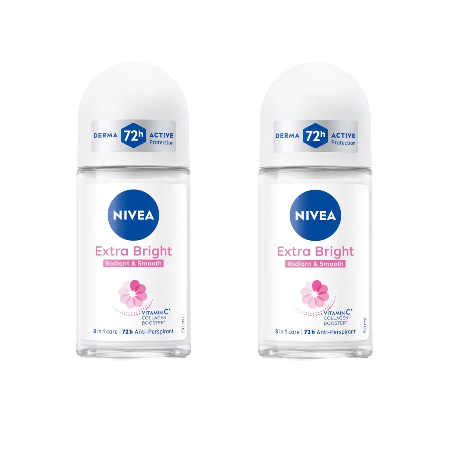 NIVEA Extra Bright 8 Super Food Vitamin C Collagen Booster Underarm Roll-On Deodorant, Alcohol-Free, 72HR Odor Protection, Smooth & Bright Skin, 50ml, 1.69oz, Pack of 2