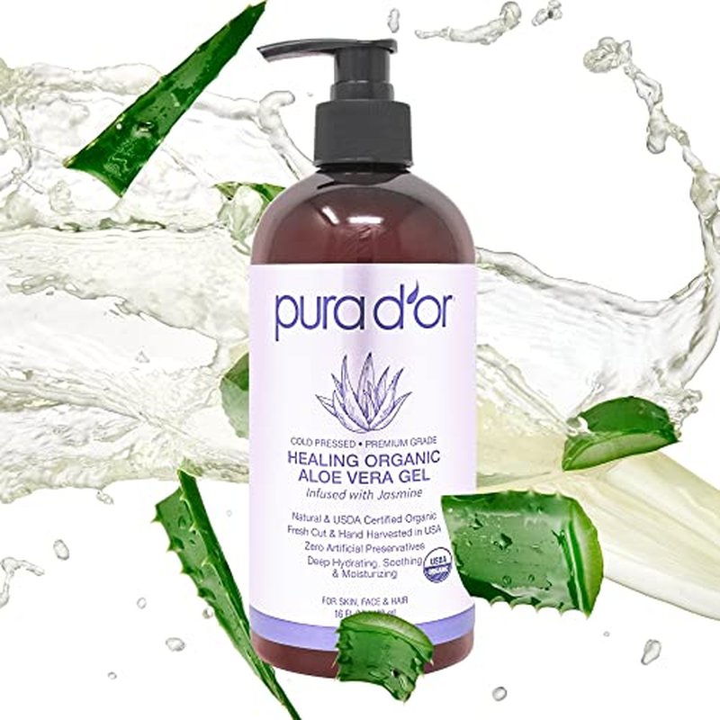 PURA D'OR 16 Oz ORGANIC Aloe Vera Gel - Lavender - All Natural - ZERO Artificial Preservatives - Deeply Hydrating & Moisturizing - Sunburn, Bug Bites, Rashes, Small Cuts, Eczema Relief - Skin & Hair