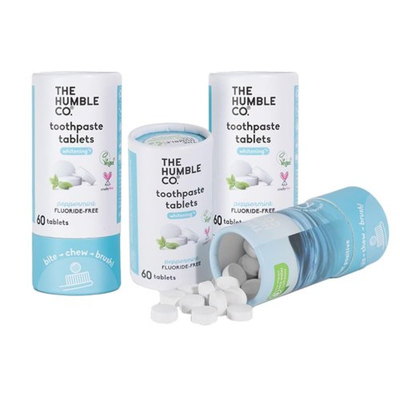 The Humble Co. Whitening Toothpaste Tablets – Fluoride Free Toothpaste Whitening Tablets, Dentist Developed Formula, Vegan, SLS Free, Plastic Free (Peppermint, 2 PK, 60 Tablets Each)