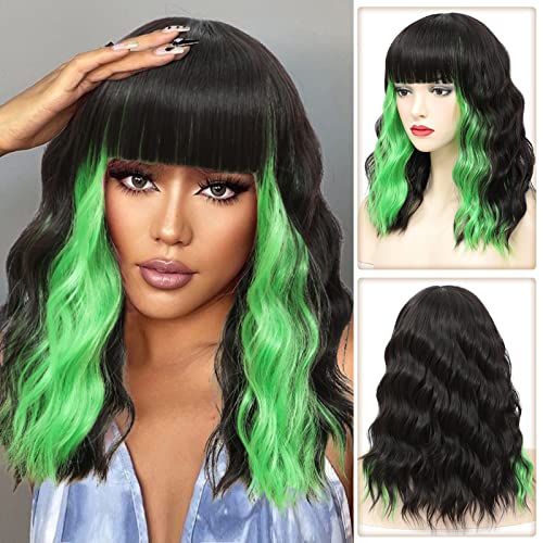 Black Wavy Bob Wig with Green Highlight, Short Wavy Wig with Bangs Highlight Bob Wig Black and Green Synthetic Wig for Women Cosplay Halloween Party Use 14 Inches(HL Green)