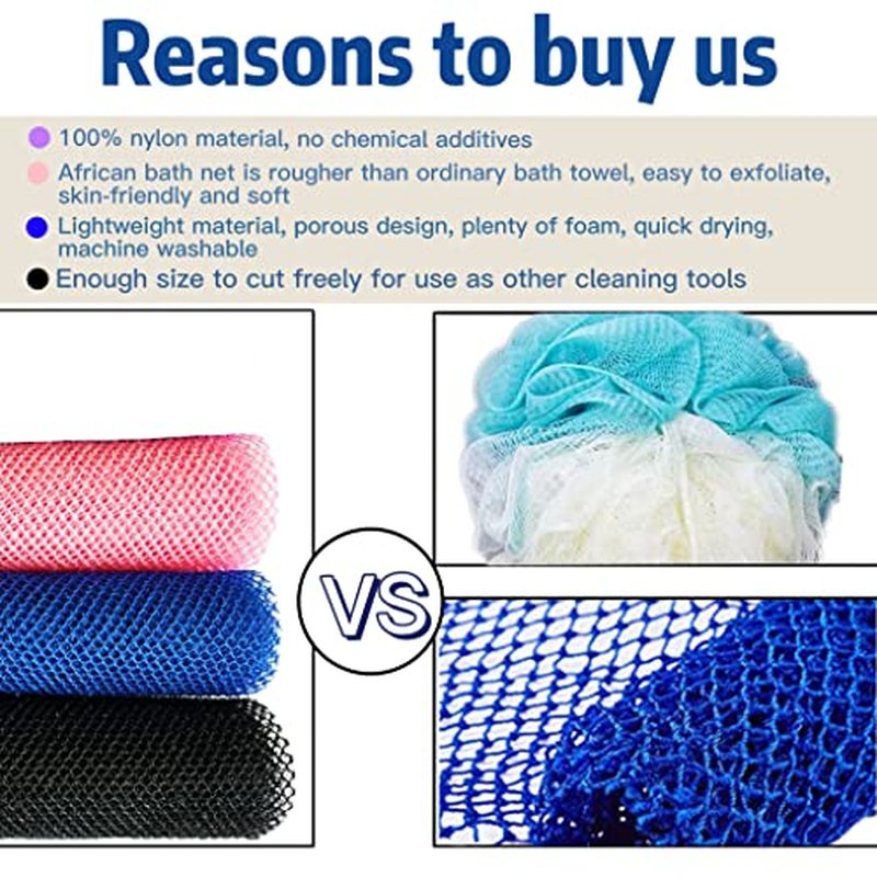 SPMKTBOZAI African Exfoliating Net, 4 Pieces African Net Sponge, Nylon African Bath Sponge Net, African Net Long Net Bath Sponge Shower Body Scrubber(Black, White, Brown, Blue)