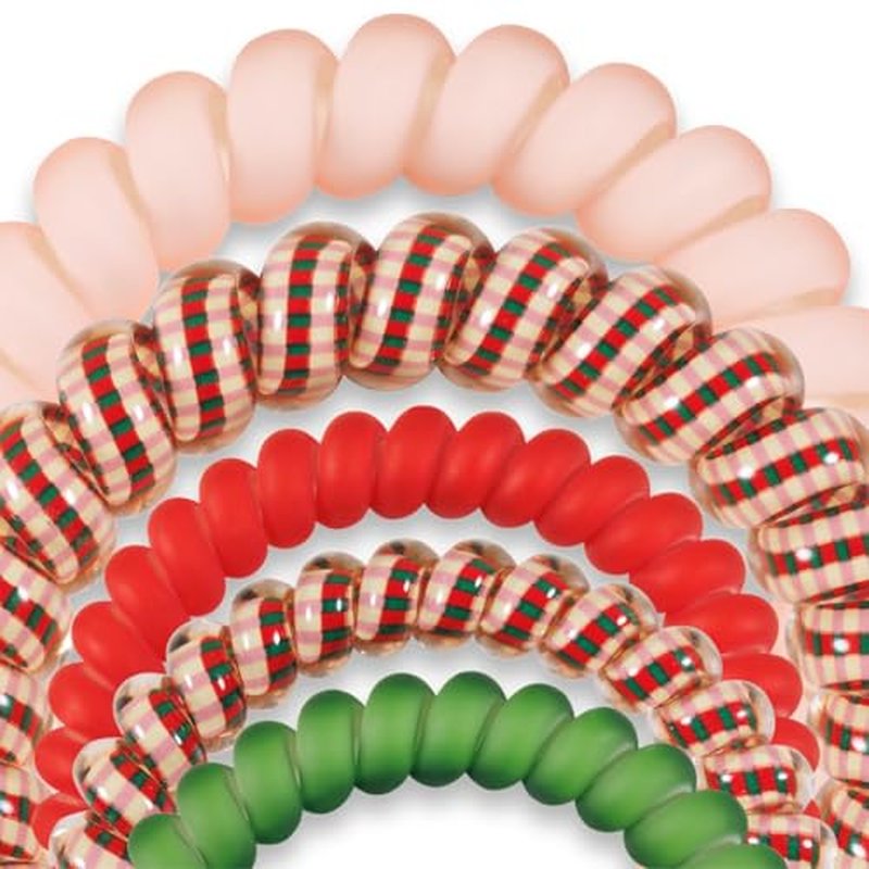 TELETIES - 2024 Holiday Ornament - Spiral Hair Coils - Ponytail Holder Hair Ties for Women - Phone Cord Hair Ties - Strong Grip, No Rip, Water Resistant, No Crease - Mixed 5 Pack