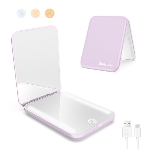 wobsion Travel Mirror with Light,1x/3x Compact Magnifying Mirror for Makeup,3 Color Modes,Portable Rechargeable Mini Mirror for Purse,Pocket,Gift,Purple