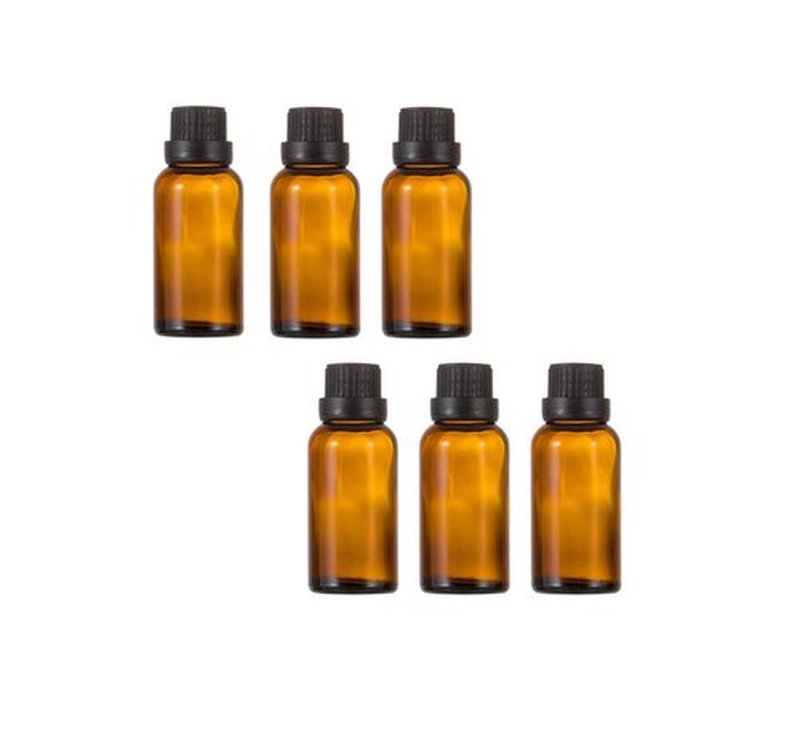 6Pcs Amber Glass Essential Oil Bottles with Orifice Reducer and Black Cap Empty Cosmetic Perfume Aromatherapy Storage Container Vial Pots Portable Refillable size 30ml/1oz