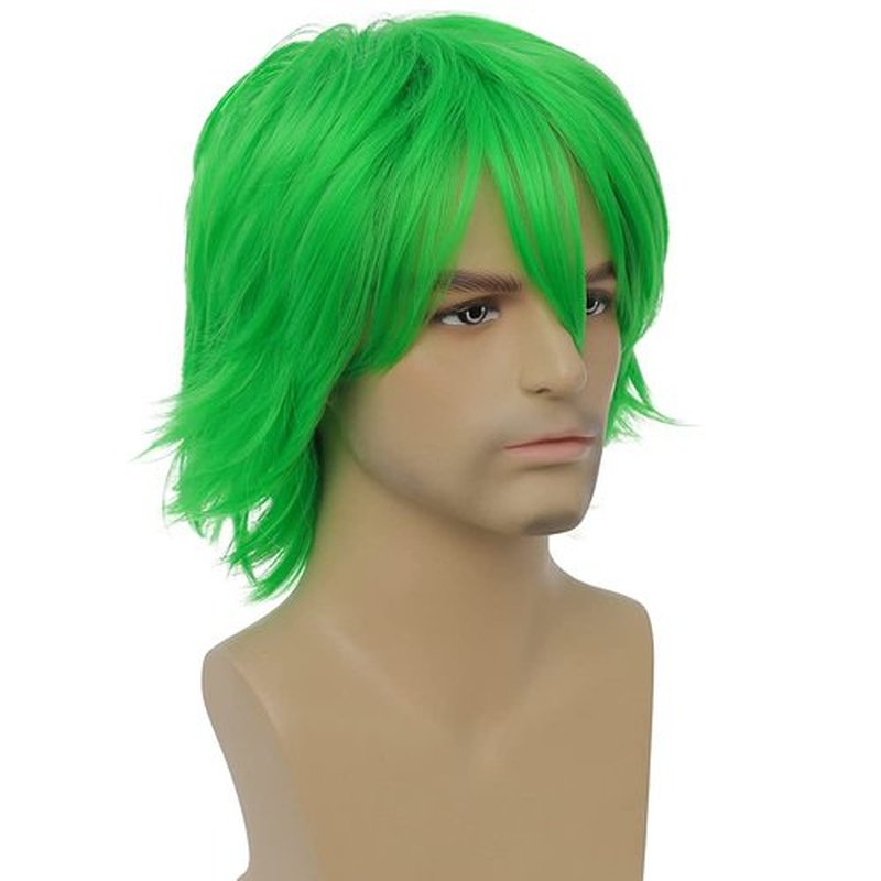 Kaneles Mens Green Wigs Short Straight Synthetic Wigs for Anime Cosplay Halloween Costume Full Wig