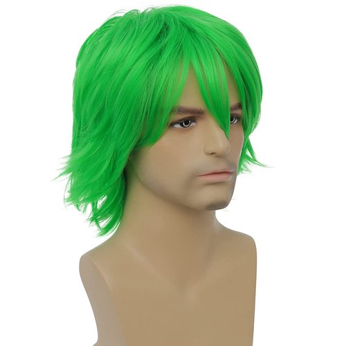 Kaneles Mens Green Wigs Short Straight Synthetic Wigs for Anime Cosplay Halloween Costume Full Wig