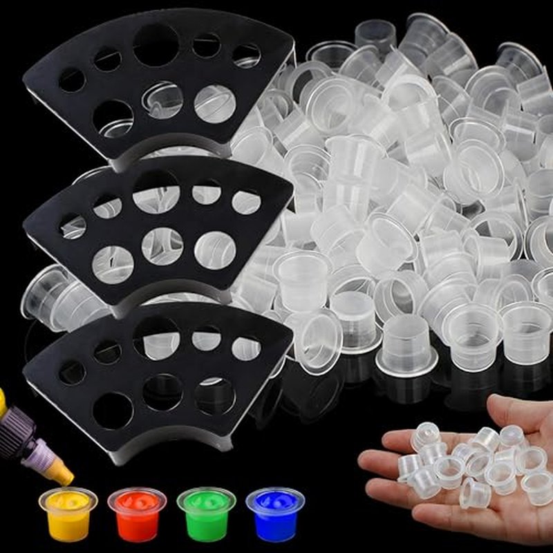 Rayyl 300Pcs Tattoo Ink Caps with 3Pcs Tattoo Ink Cups Holders - Included 100 Small 100 Medium 100 Large Tattoo Ink Caps and 3Pcs Ink Cups Holders for Tattoo Ink Tattoo Kit…
