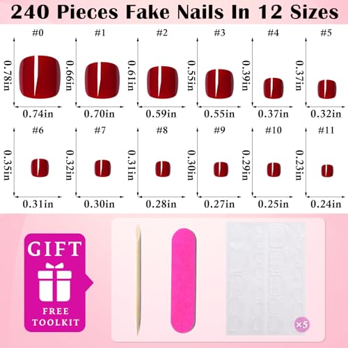 LoveOurHome 240pc Red Press on Toenails Women Fake Toe Nails with Glue Tabs, Dark Red Fake Toenails Press on Toes Nail Glue on Toenail Acrylic Toe Nail Tips Gel Artificial False Stick Toenail Tip