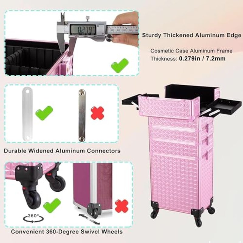 AROUS 5 in 1 Professional Makeup Train Case Aluminum Cosmetic Case Rolling Makeup Case Extra Large Trolley Makeup Travel Organizer, with 360° Swivel Wheels,Black