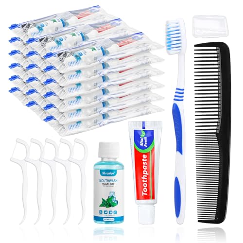 SLequipo 10 Set Travel Toothbrush Kit Bulk,Disposable Toothbrush with Toothpaste Set with Mouthwash,Toothpaste,Cover,Comb,Zip Bag,Floss Picks,Toothbrushes Set for Homeless,Travel