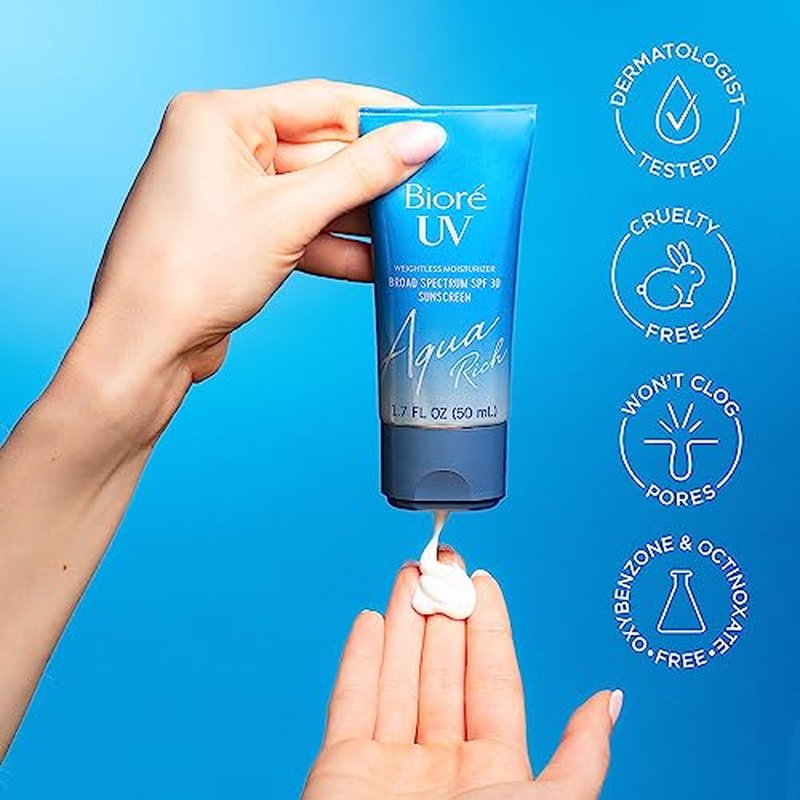 Biore UV Aqua Rich SPF 50 PA++++ Daily Moisturizer Sunscreen for Face, For Sensitive Skin, Oil Free, Hyaluronic Acid, Vegan, Oxybenzone & Octinoxate Free, Dermatologist Tested, 1.7 Oz/3pk