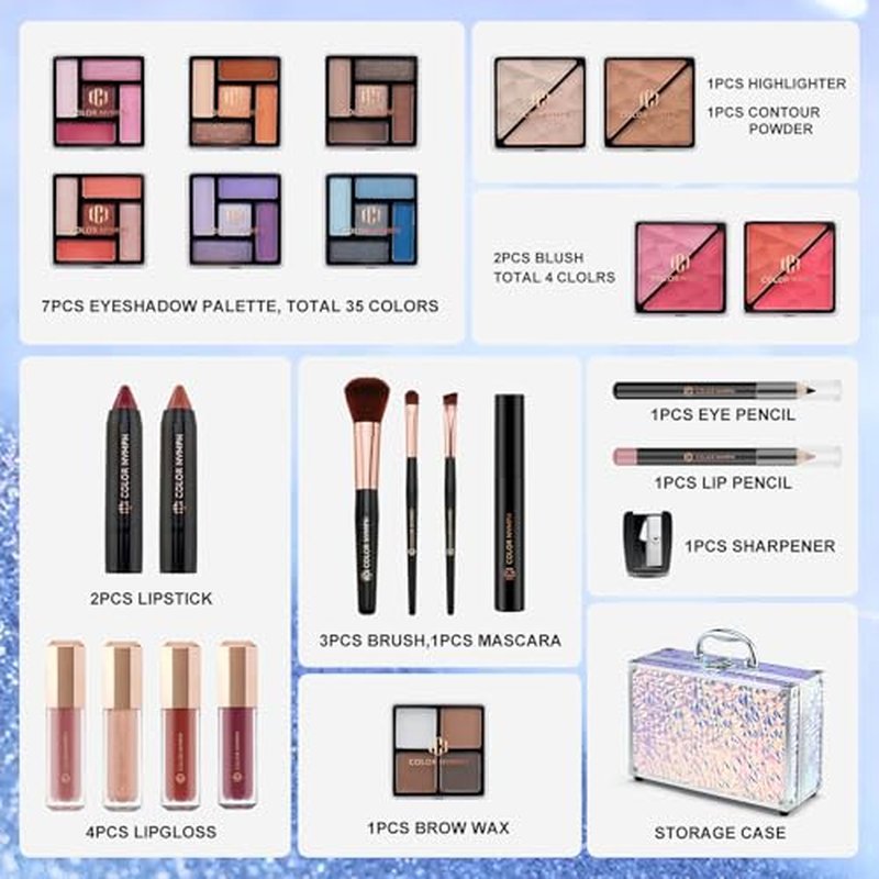 Color Nymph Makeup Kit with Cosmetics Case, Train Case Makeup Kits For Teenage Girls Beginner Women Make up Kit Cosmetics Box Includs Eyeshadow Lipstick Blush Lipgloss Mascara and Tools -Dreamy Silver