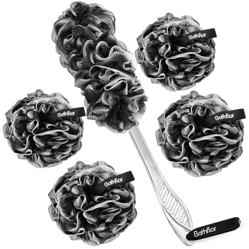 Bathflor Shower Loofah Sponge Exfoliating Body Scrubber 80g, Charcoal Loofa for Women & Men Bath Wash: 1 Long Handle Back Brush Plus 4 Packs Extra Large 80g Soft Mesh Luffa Poufs, 1 Lufa Hook (4Color)
