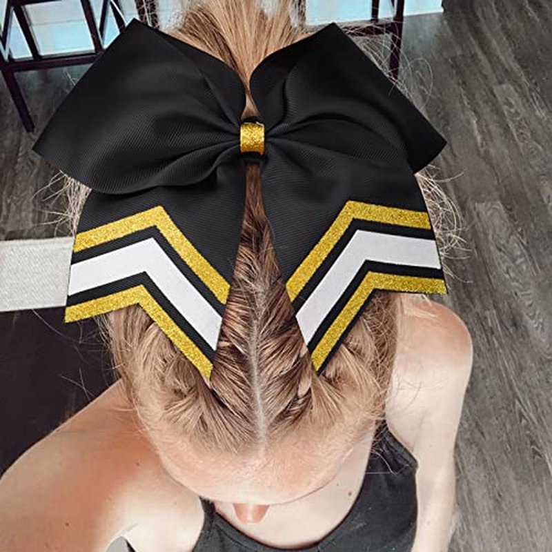 DEEKA 8PCS Large Glitter Cheer Bows Shiny 7" Cheer Hair Bows Ponytail Holder Handmade for Cheerleader Girls Softball Sports -Gold/Black