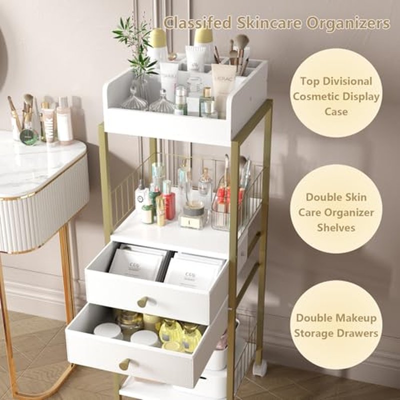 Makeup Organizer Cart Shelf Floor Skincare Organizers Make Up and Station Storage Cabinet For Vanity Standing Cosmetics With Drawers and Wheels For Nail Polish Perfume Hair Tool Holder Beauty(Gold)