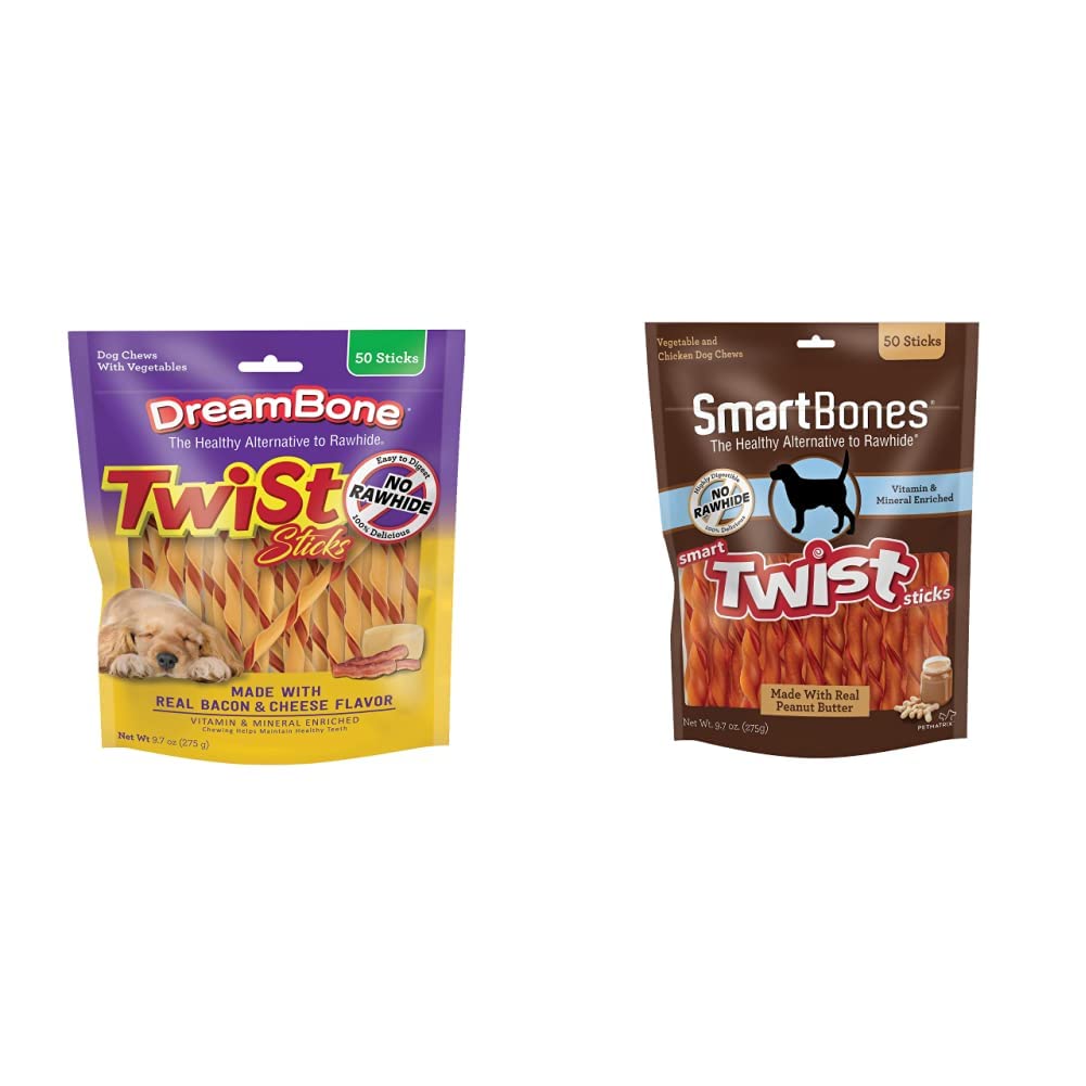 DreamBone Twist Sticks with Real Bacon and Cheese Flavor 50 Count, Rawhide-Free Chews for Dogs & SmartBones Smart Twist Sticks with Peanut Butter 50 Count