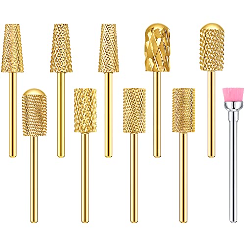 10 Pcs Nail Drill Bits Set, Tungsten Carbide Nail Bits for Nail Drill, Remove Acrylic Nail Gel Nail Polish, 3/32 Inch Bits Manicure Pedicure Tools for Salon Home Nail Supplies(Gold)