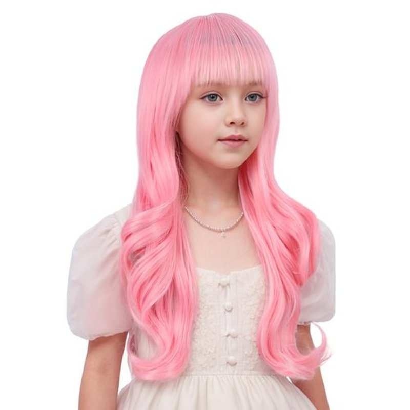 Edivd Kids Pastel Pink Wig Long Pink Wig with Flat Bangs for Child Long Light Pink Wavy Curly Wig for Girls Heat Resistant Synthetic Wig with Wig Cap