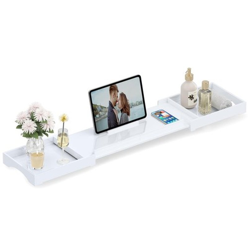 Bathtub Tray Caddy Table for Tub - Rulyyo Tub Tray Bath Caddy Tray for Bathtub, White 23-42.5 Inch Expandable Over The Tub Bath Tray for Bathtub, Waterproof Bathtub Caddy Tray for Luxury Bath