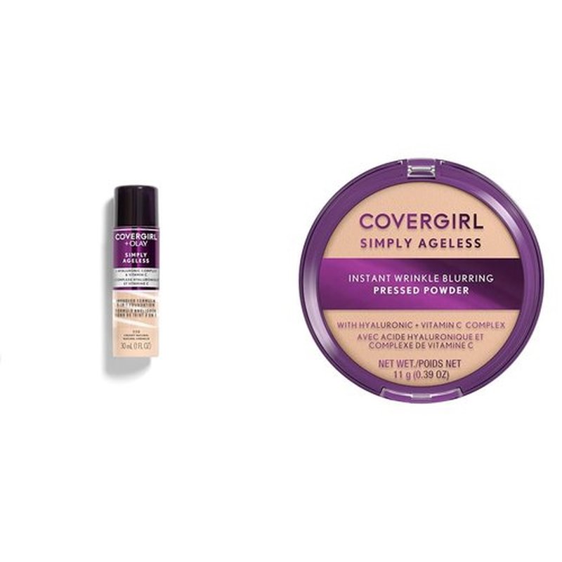 Covergirl + Olay Simply Ageless 3-in-1 Liquid Foundation, Creamy Natural & Simply Ageless Instant Wrinkle Blurring Pressed Powder, Fair Ivory, 0.39 Ounce