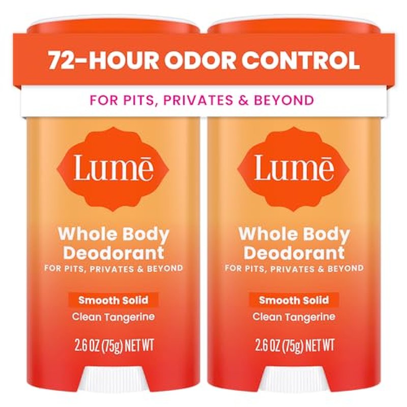 Lume Whole Body Deodorant - Smooth Solid Stick - 72 Hour Odor Control - Aluminum Free, Baking Soda Free and Skin Safe - 2.6 Ounce (Pack of 2) (Clean Tangerine)