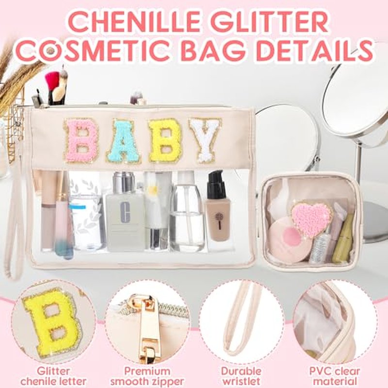 Hillban 2 Pcs Gymnastics Makeup Bag for Women Gymnastic Coach Gift Gymnastics Stuff for Sport Lover Birthday Team Gifts Chenille Letter Bag Cosmetic Clear Toiletry Pouch Waterproof Travel Purse
