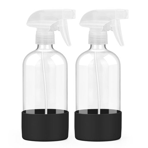 Worldgsb 2 Pack Glass Spray Bottles with Silicone Sleeve, 16 oz Empty Refillable Containers with Adjustable Spray Nozzles, Spray Bottles for Hair, Cleaning Solutions and Plants Black