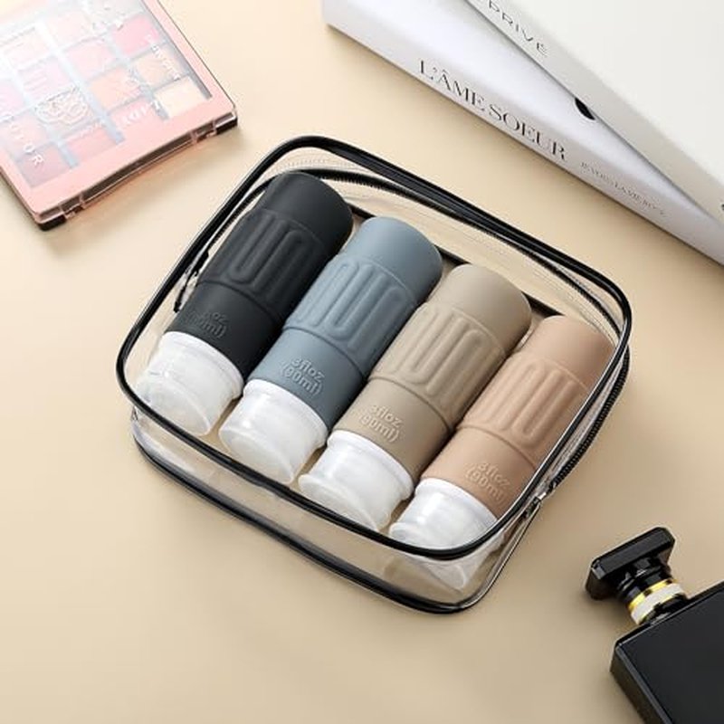 Mrsdry Travel Bottles for Toiletries, BPA Free Leak Proof reusable Silicone Bottles, TSA Approved 3oz Travel Size Bottles, Travel Accessories for Shampoo Soap Liquids with Toiletry Bag (4 Pack)