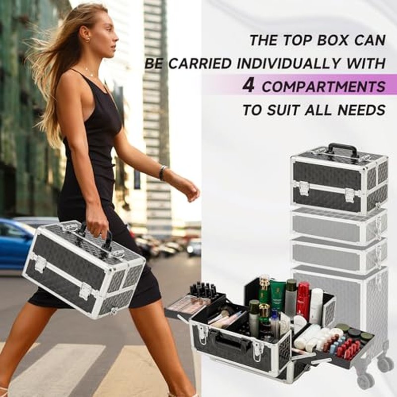 Leeora&Leekoo Portable Multi-Storey Nail Case for Nail Tech Organizer - Wheels Makeup Case Organizer, Cosmetic Case, Makeup Train Case, Make Up Case (Black)