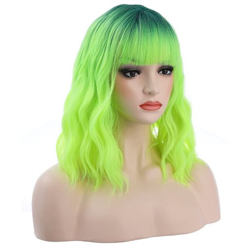 BERON 14 Inches Neon Green Wig Short Curly Wig Lemon Green Wig with Bangs Dark Root Ombre Green Wig Synthetic Wigs Women Girls Ombre Wig with Wig Cap