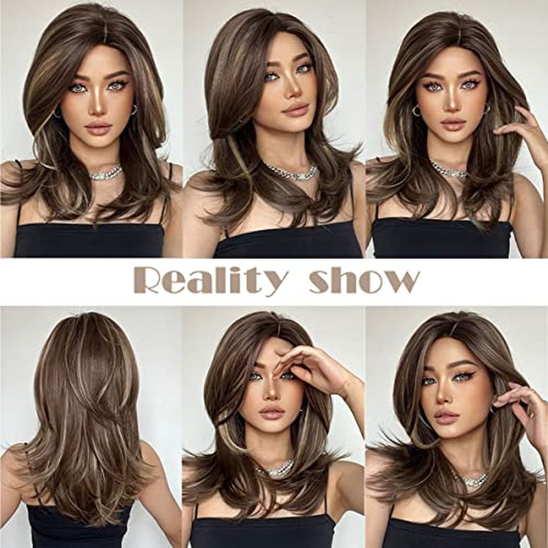 PATTNIUM Brown Blonde Wig for Women Long Wavy Brown Wigs Brown Mixed Blonde Wigs Shoulder Length Layered Wig Heat Resistant Synthetic Wig with Wig Cap(Brown Mixed Blonde)