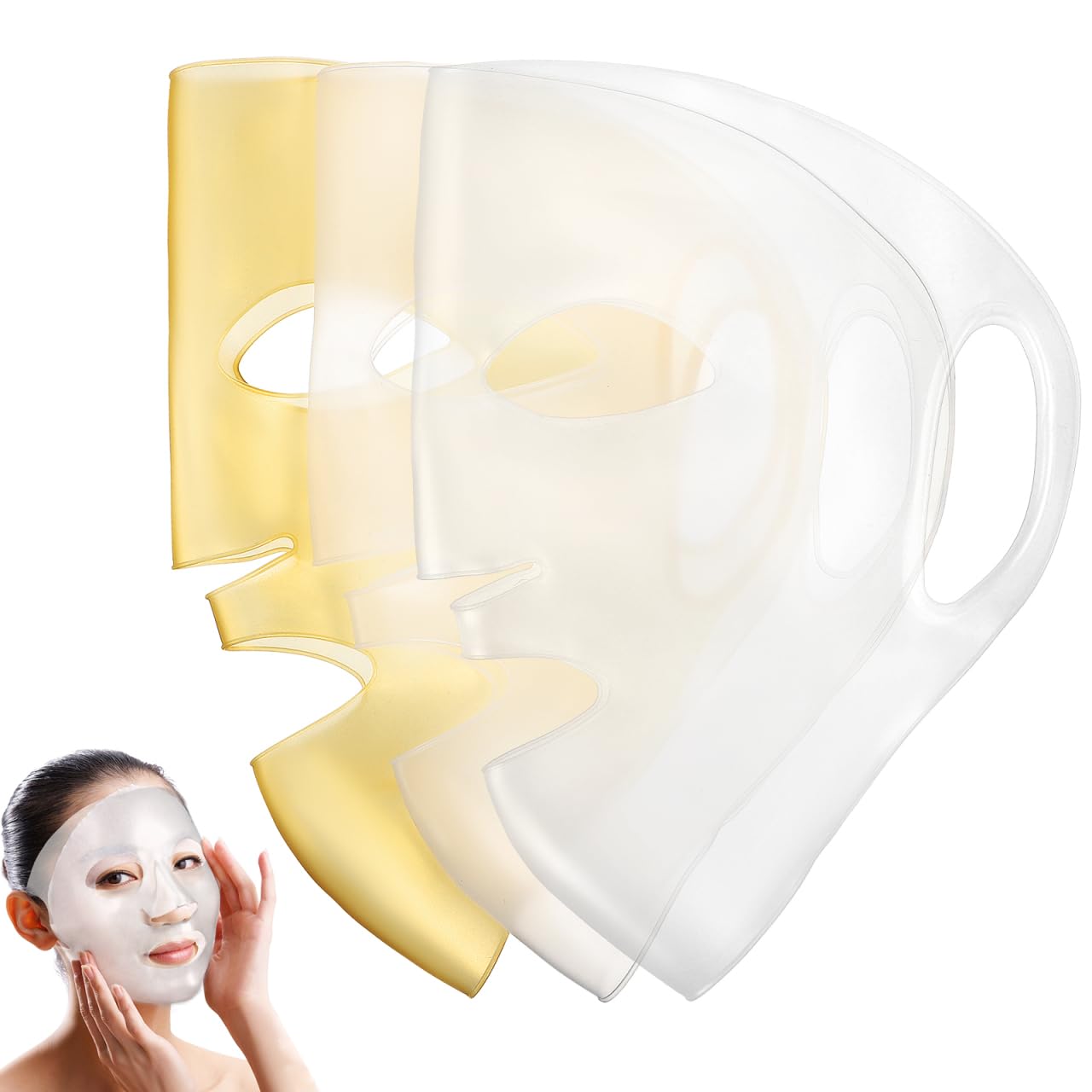 balacoo 3 Pcs Silicone Facial Mask, Reusable Face Mask Cover, Moisturizing Face Silicone for Women and Facial Smoothies Care Tool (White, Golden)